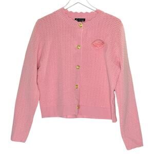 Greige L Womens Pink Knit Cardigan Sweater Gold Button Flower Detail Classic